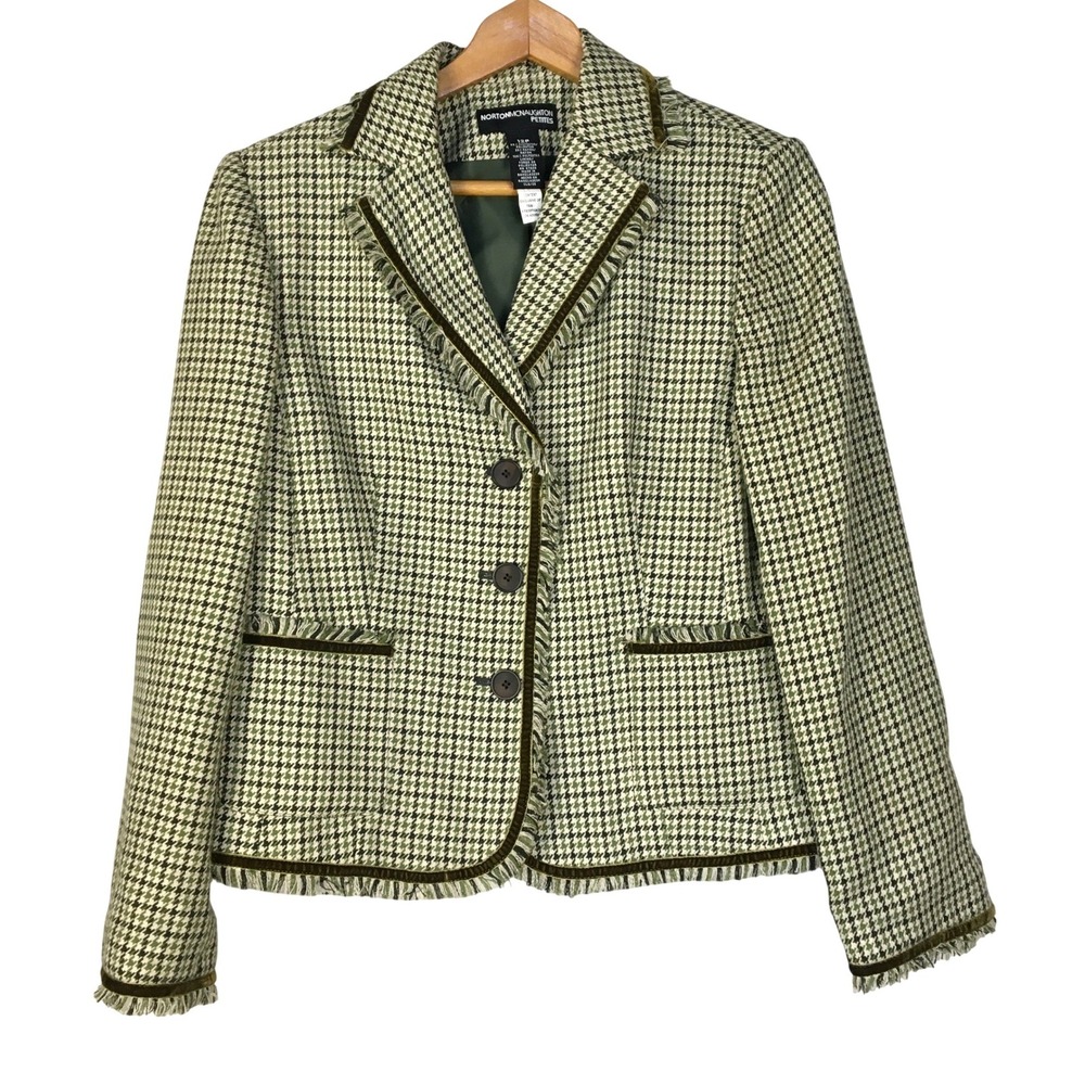 NORTONMCNAUGHTON Hounds-tooth Tweed Blazer Green Brown Velvet Fringe‎ Size 12P